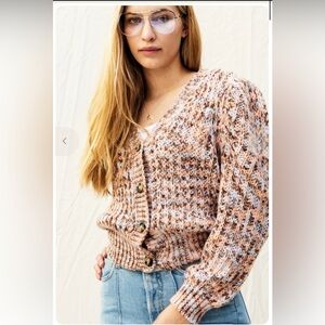 ASTR The Label Gramercy Contrast Button Cardigan in Blue/Peach Multi.